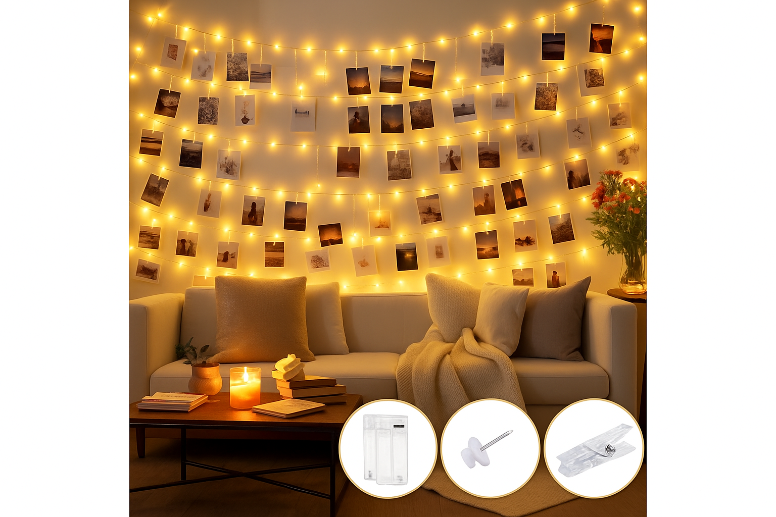 String lights draped over a wall with photos, sitting on a couch with candles and a remote control.
