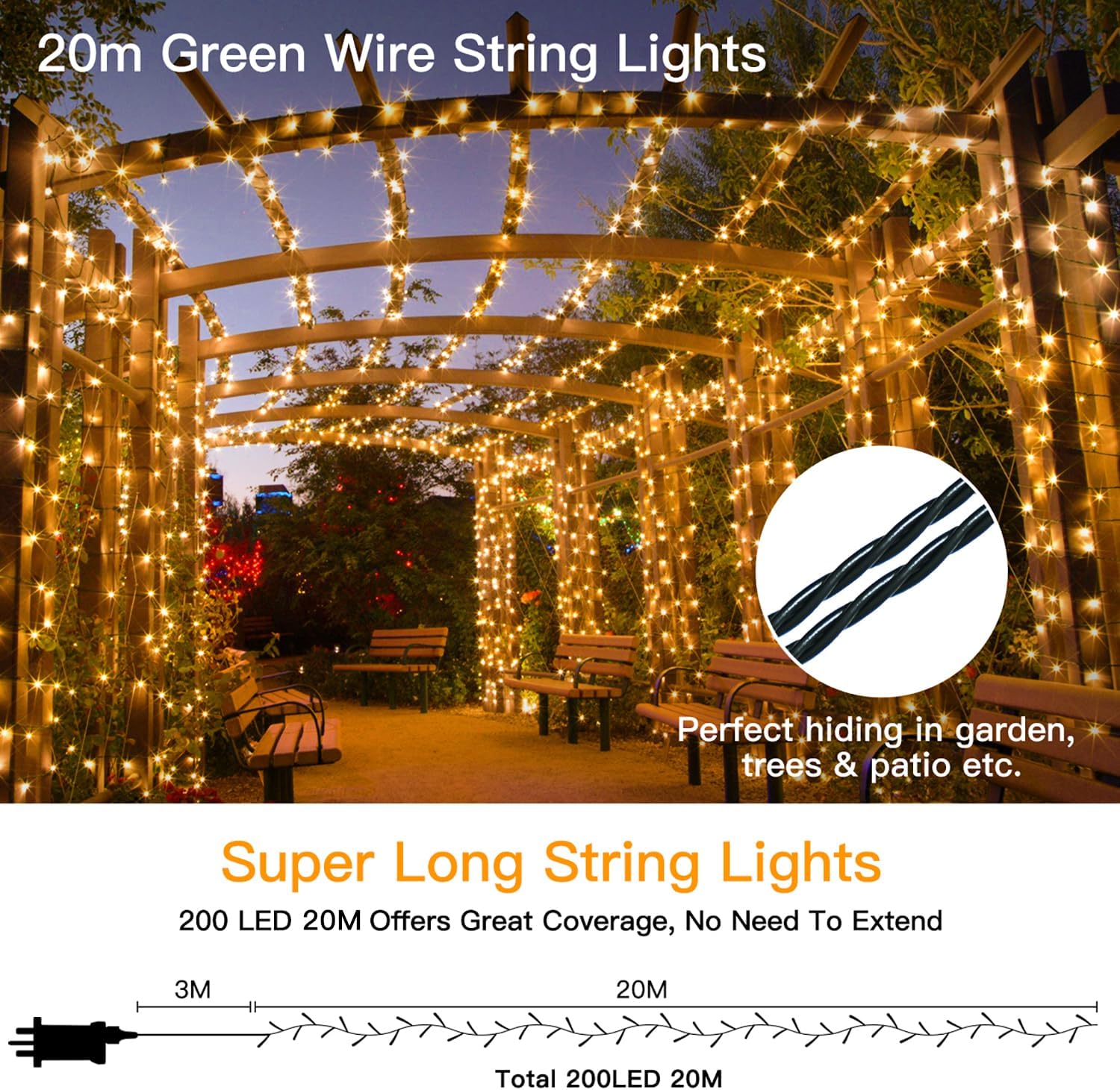 String lights draped over a wooden pergola with benches underneath, set against a night sky.