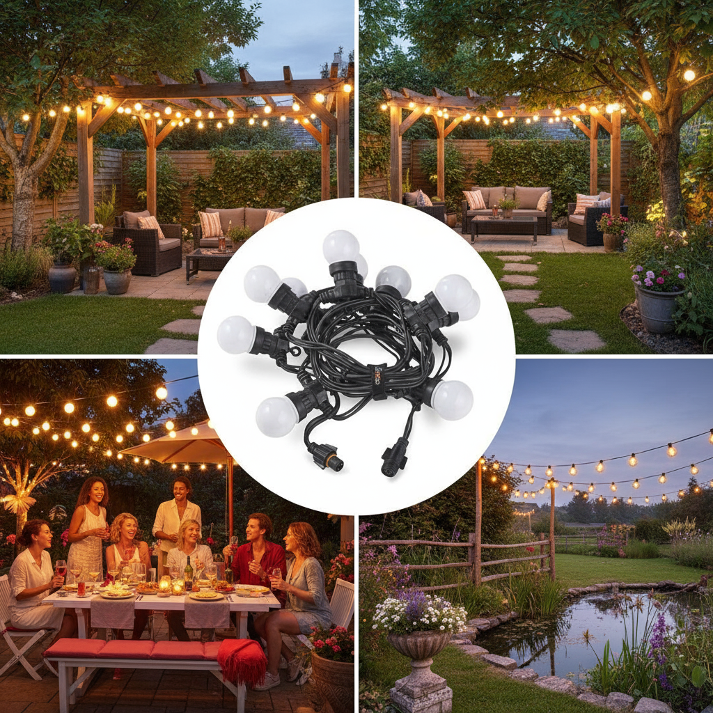 String lights for outdoor use with a collage of usage scenarios including a garden, patio, and dining area.