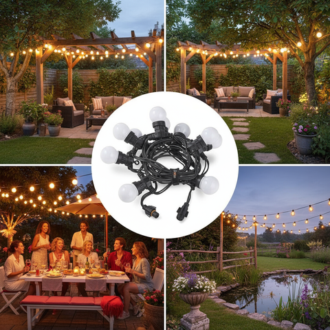 String lights for outdoor use with a collage of usage scenarios including a garden, patio, and dining area.