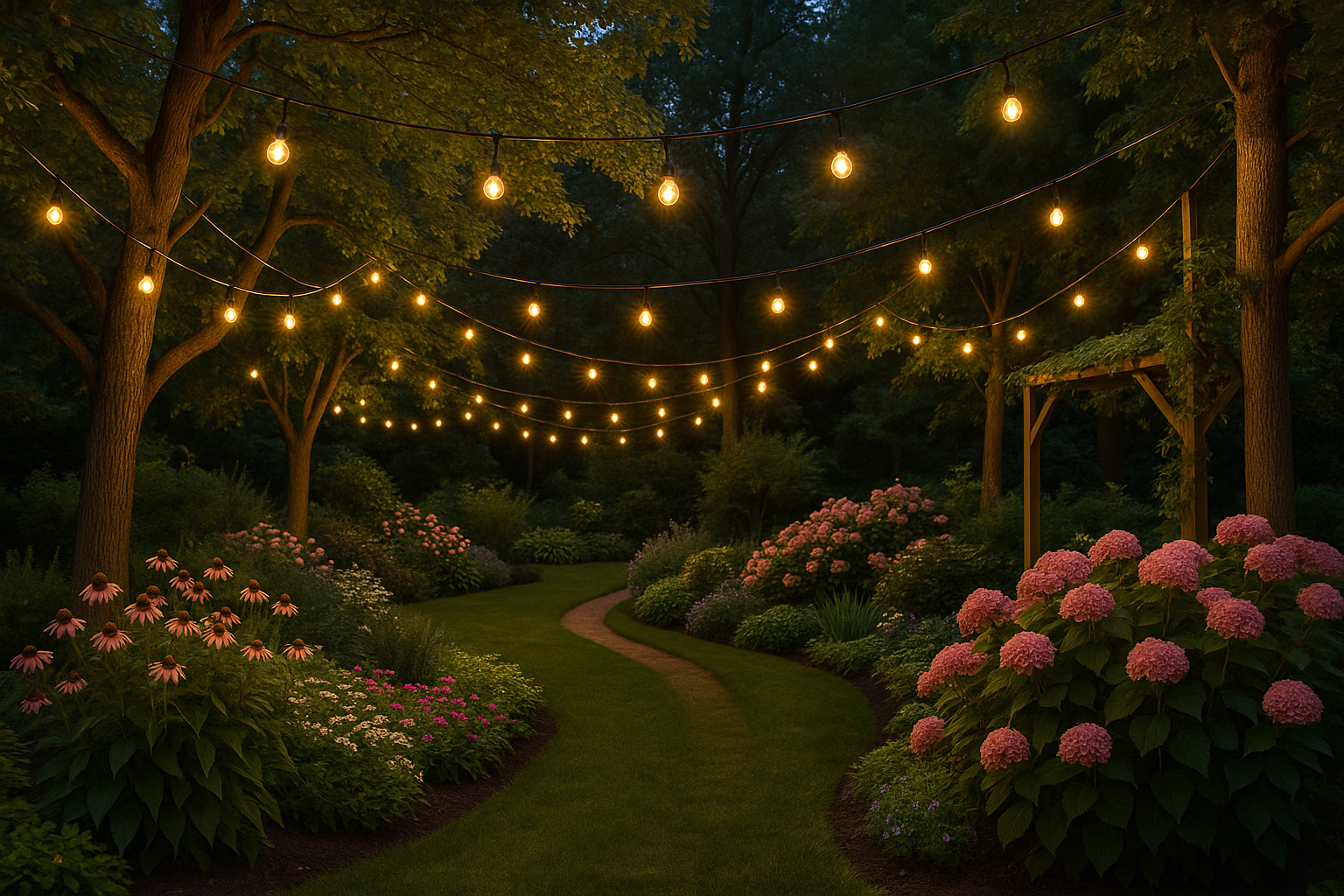 String lights hanging above a garden path with pink flowers at night