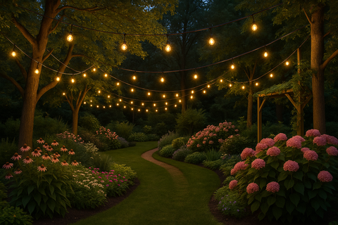 String lights hanging above a garden path with pink flowers at night
