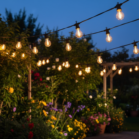 String lights hanging above a garden with flowers and a wooden pergola.