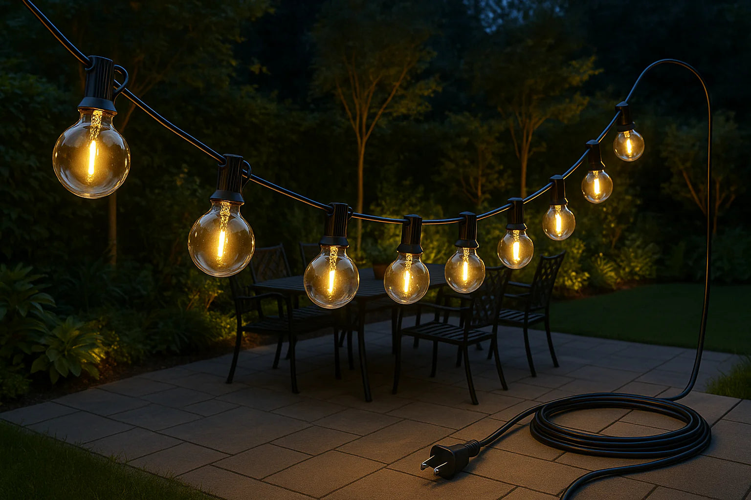 String lights hanging above a patio table with chairs, set against a dark outdoor background.