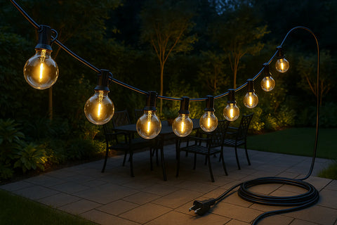 String lights hanging above a patio table with chairs, set against a dark outdoor background.