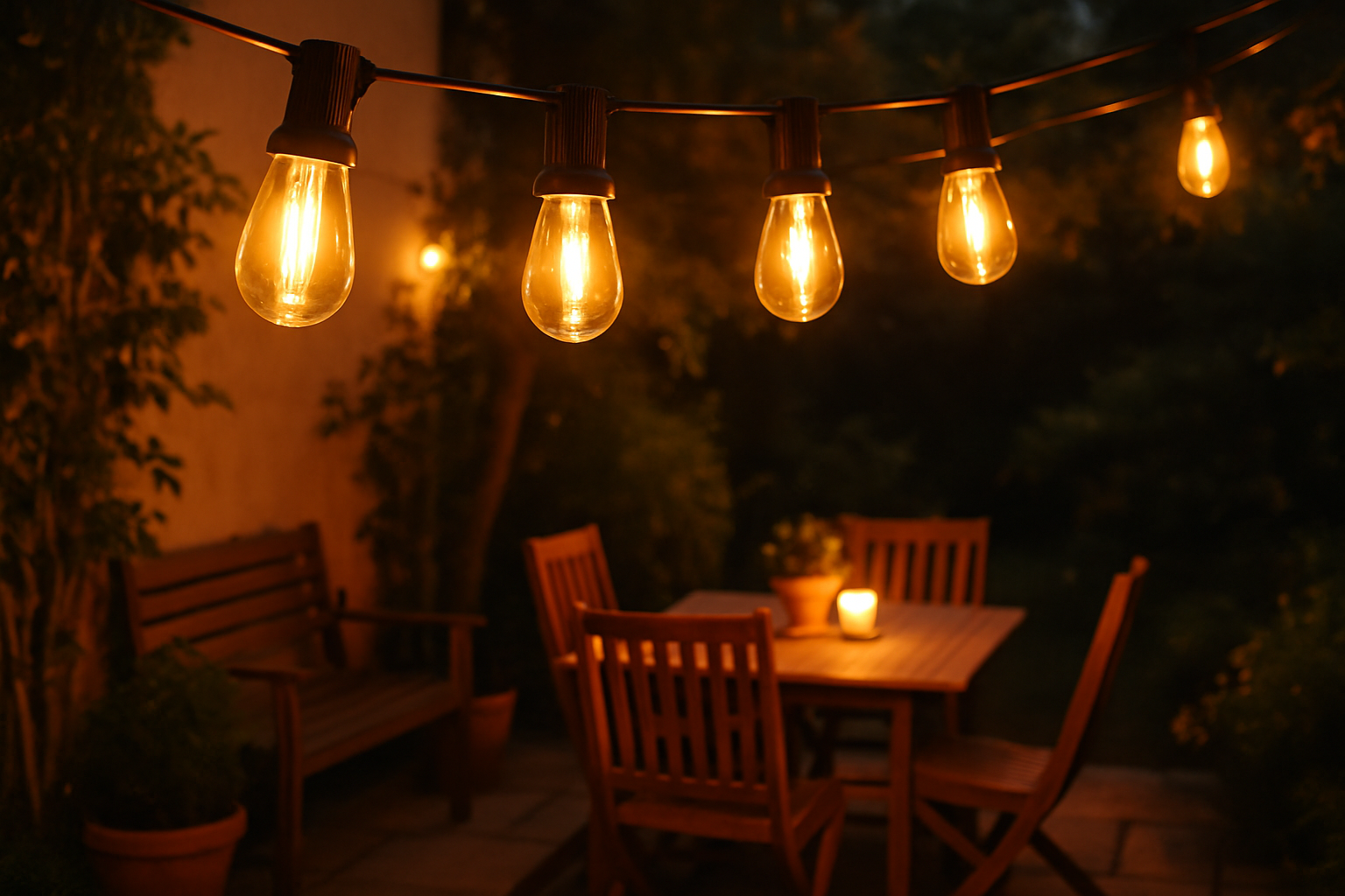 String lights hanging above a wooden outdoor table and chairs at night.