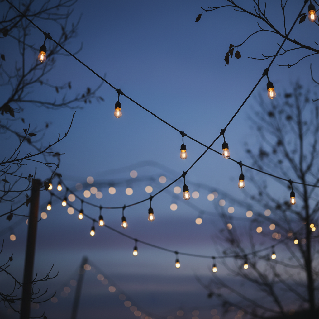 String lights hanging between trees against a dark blue sky