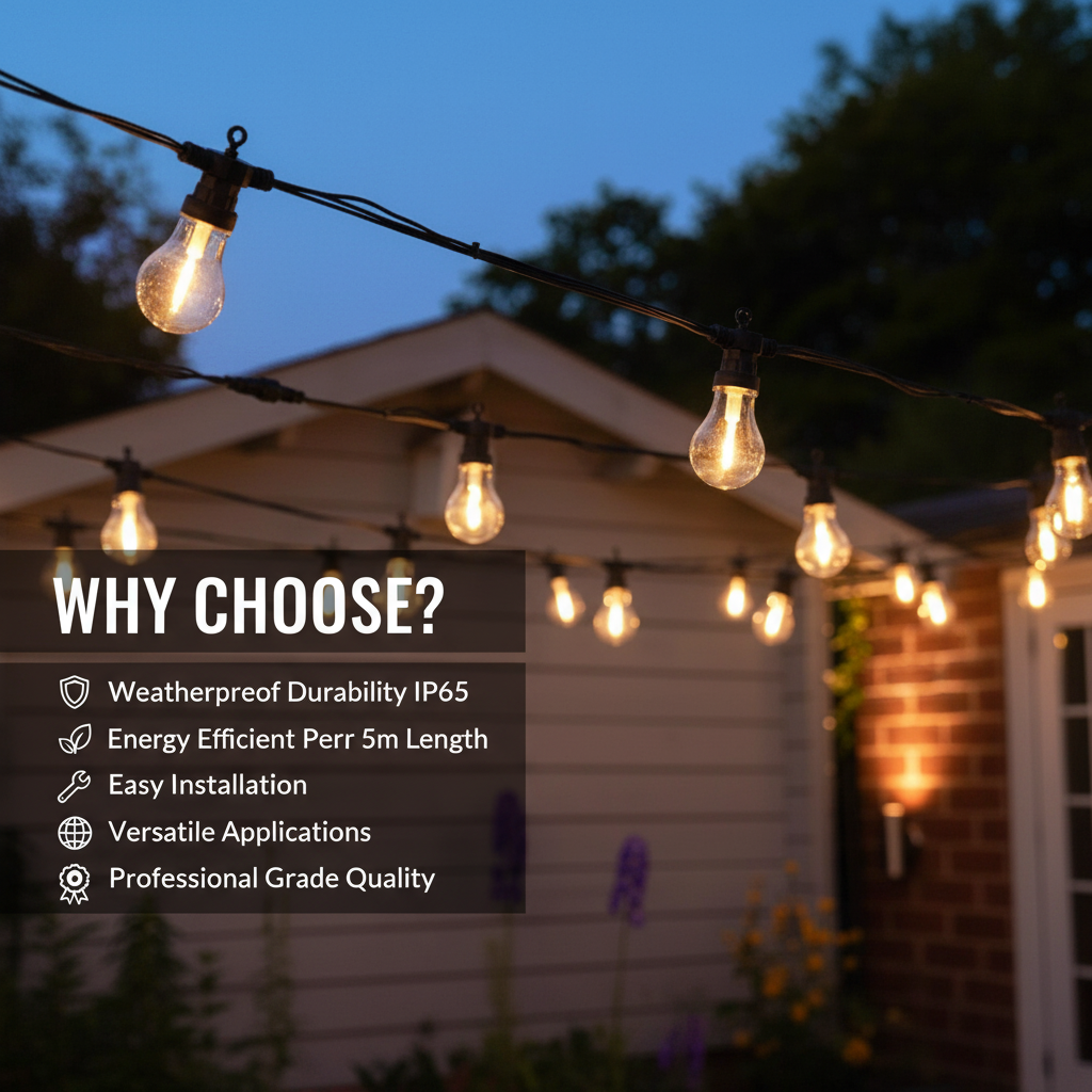 String lights hanging outdoors with a house in the background, featuring text on why choose these lights.