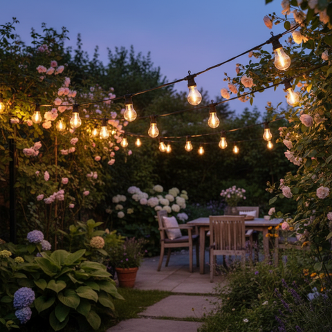 String lights hanging over a garden setting with flowers and outdoor furniture.