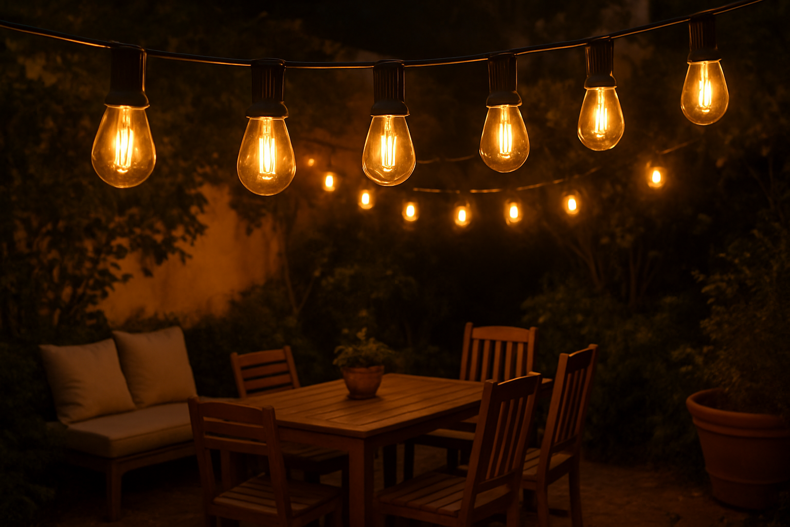 String lights illuminating a outdoor seating area with a table and chairs.