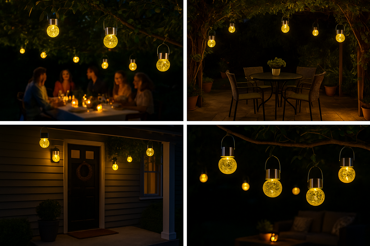String lights illuminating outdoor settings including a family dinner, patio, and entrance.