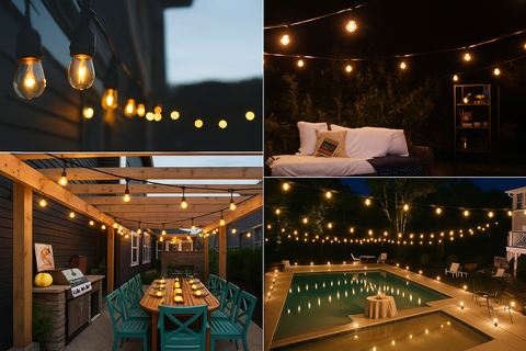 String lights illuminating outdoor spaces including a patio, pool area, and living room.
