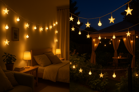String lights in a living room and outdoor setting.