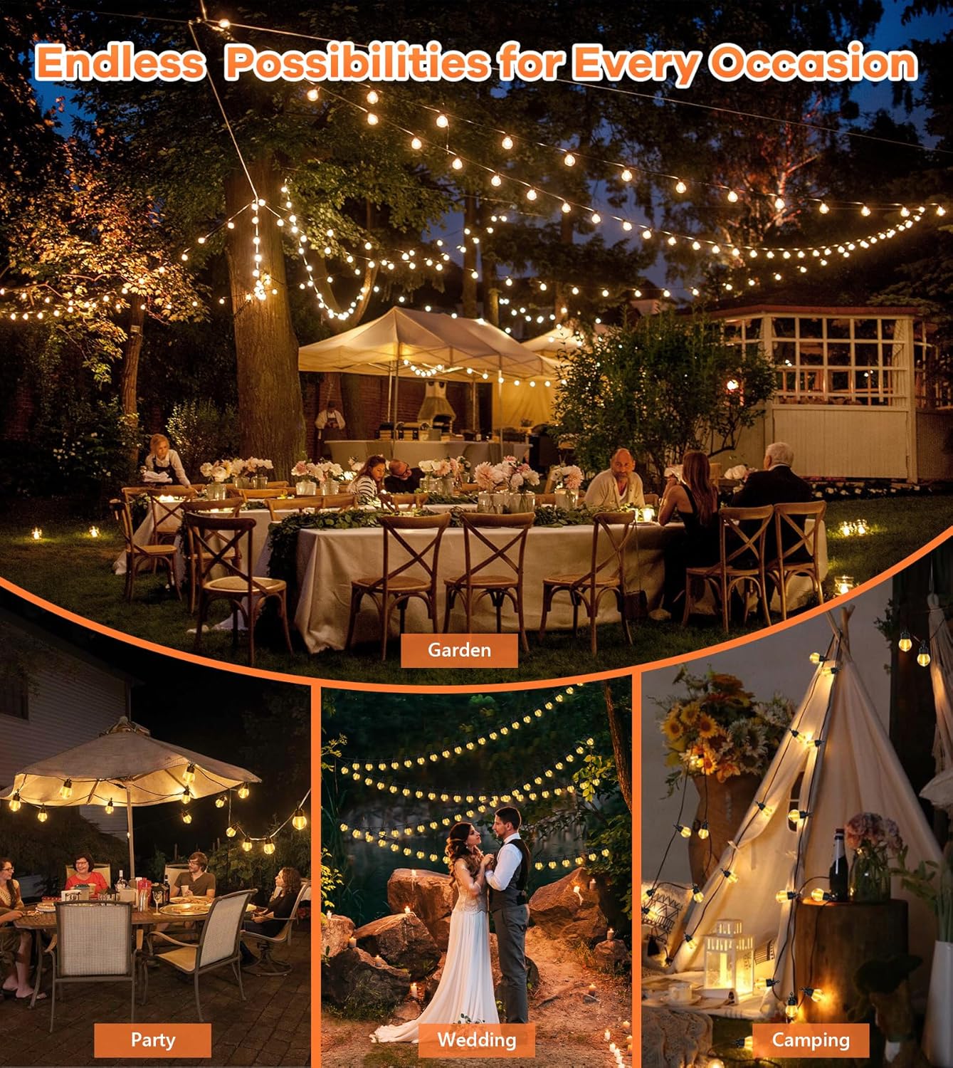 String lights in use at a garden party, wedding, and camping scene with text 'Endless Possibilities for Every Occasion'.