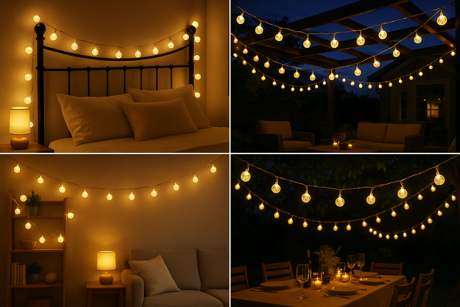 String lights in various settings including a bedroom, outdoor area, living room, and dining table.