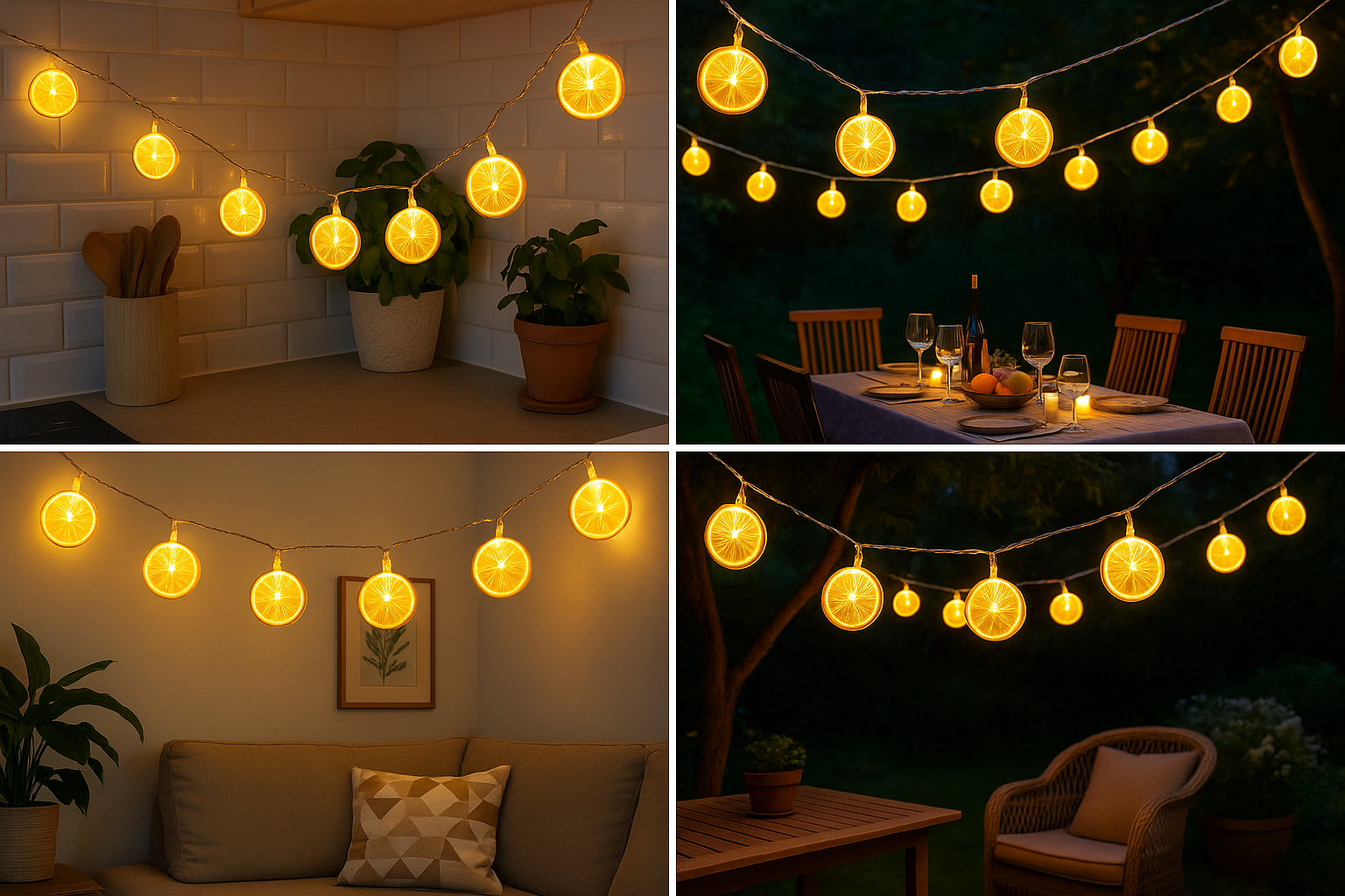 String lights in various settings including a room, outdoor table, and outdoor area.
