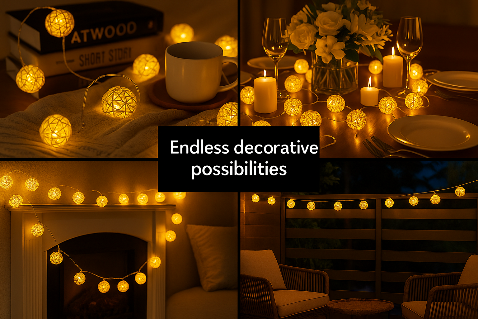 String lights in various settings including a table, fireplace, and living room with text 'Endless decorative possibilities'.