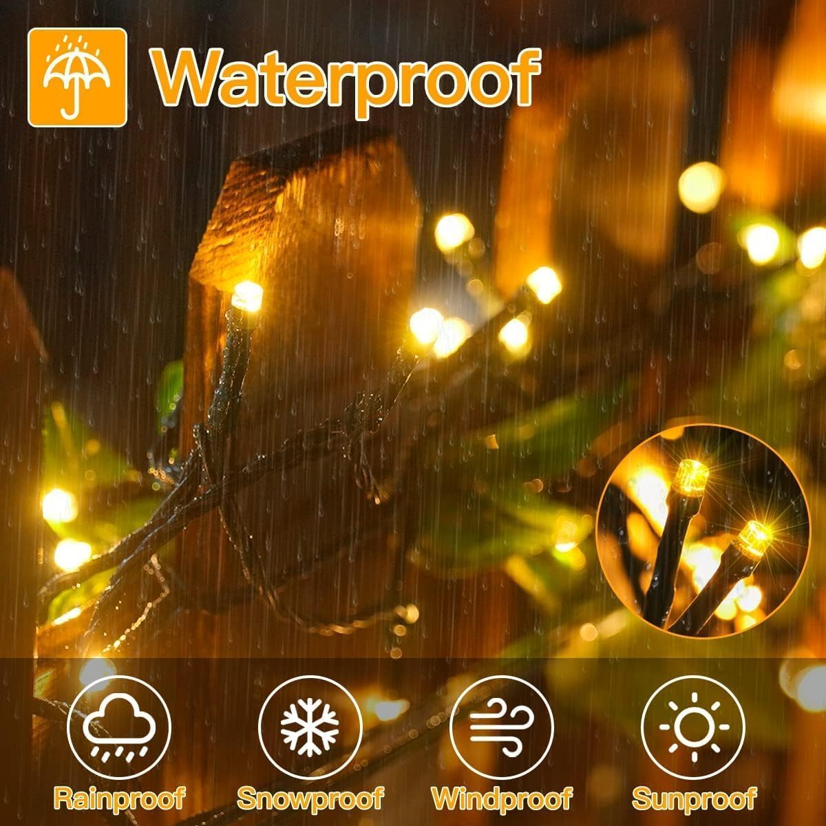 String lights on a branch with raindrops, highlighting waterproof features.