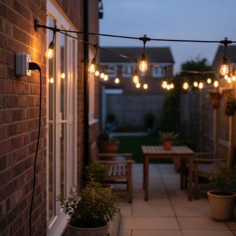 String lights on a brick wall with a patio and garden in the background