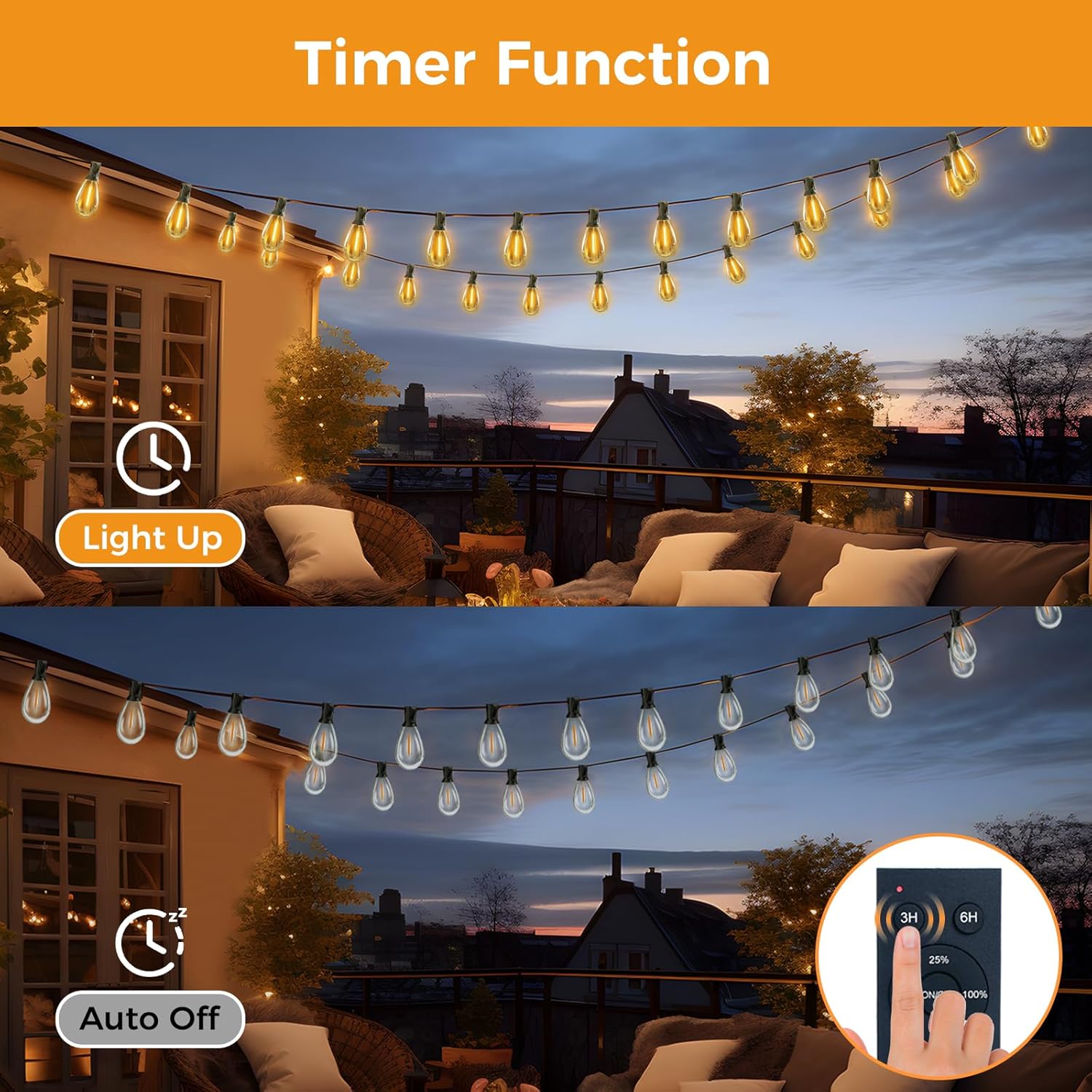 String lights on a patio with timer function display on screen