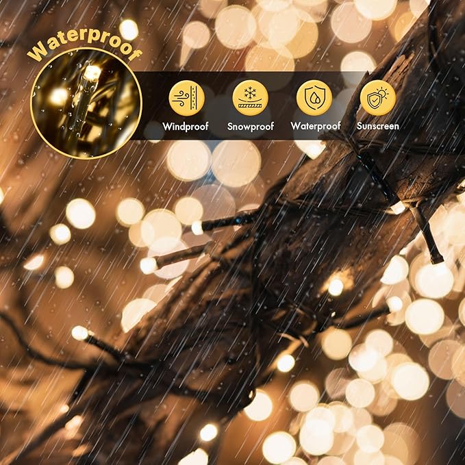 String lights on a rainy day with waterproof feature icons displayed.