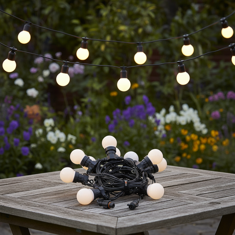 String lights on a wooden table with a garden background