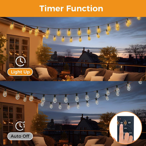 String lights on a patio with timer function display on screen