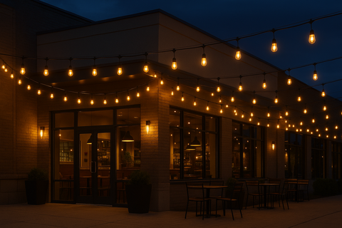 String lights outside a building at night