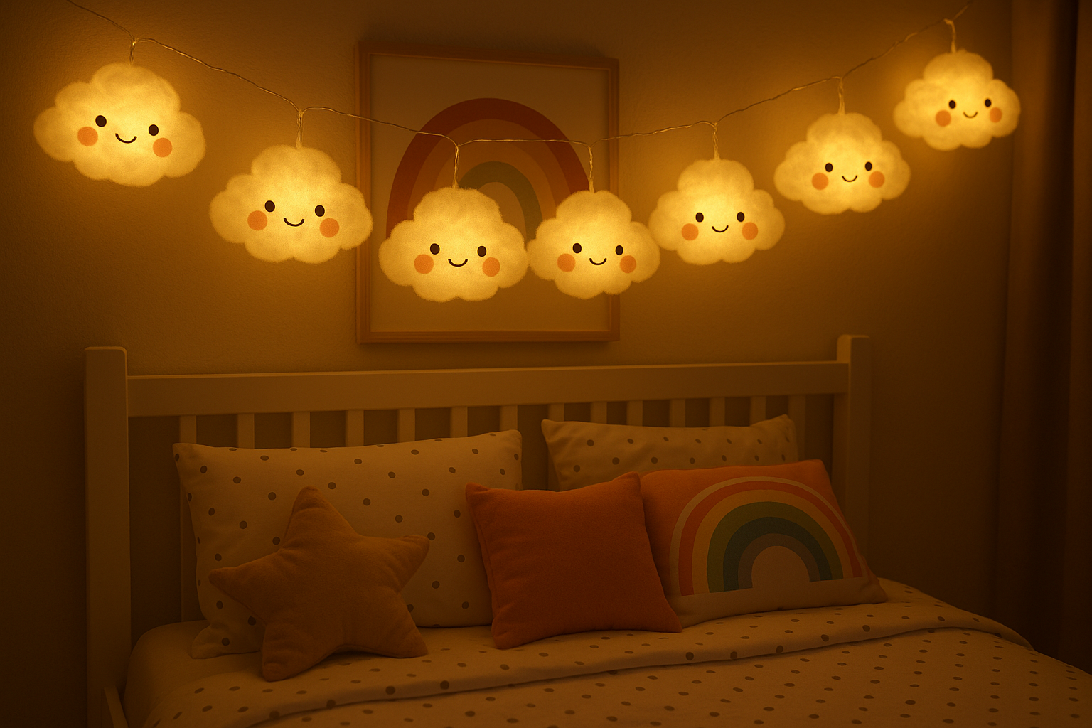String lights shaped like clouds with smiling faces hanging above a bed in a bedroom.
