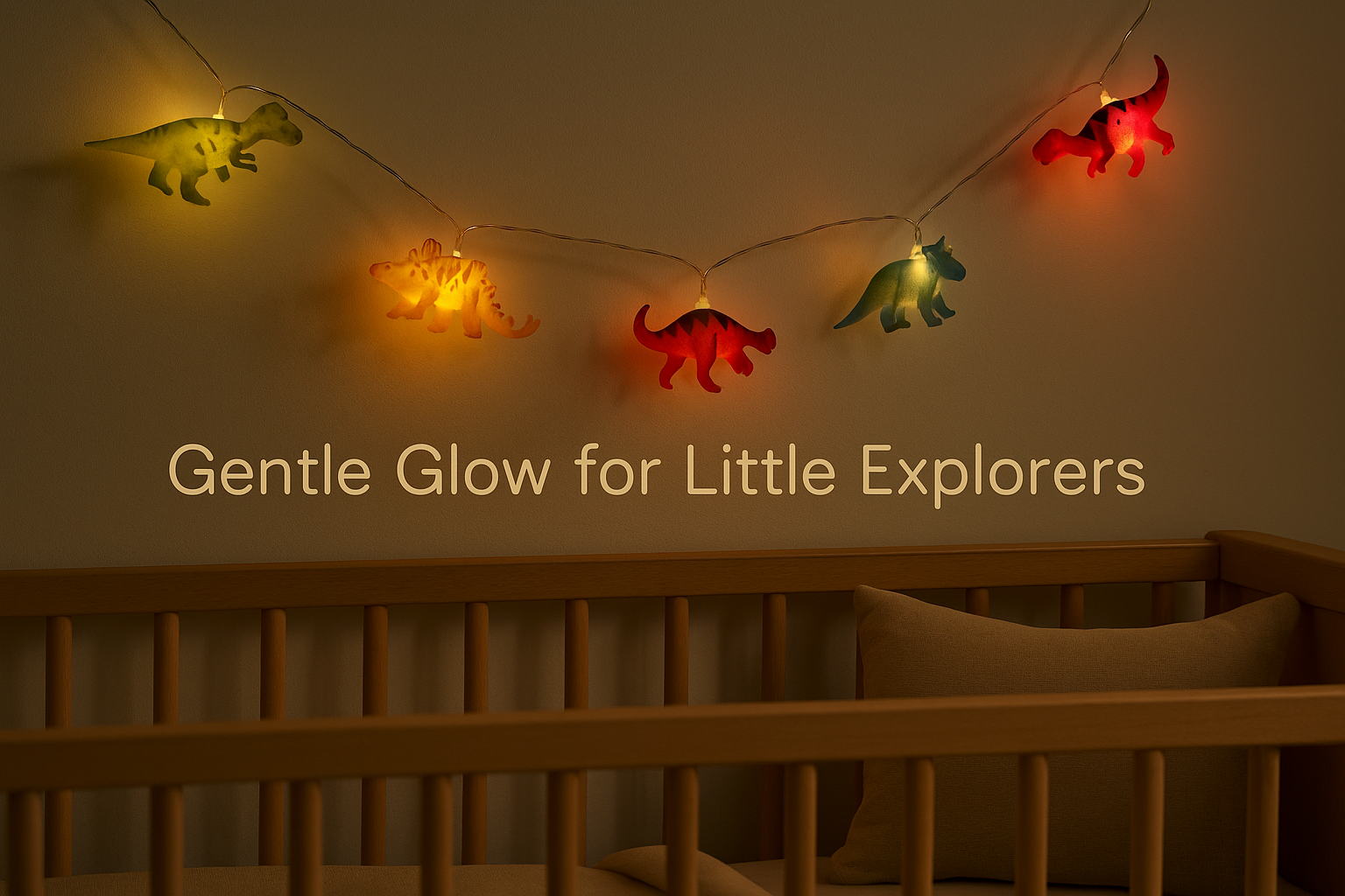 String lights shaped like dinosaurs above a crib with 'Gentle Glow for Little Explorers' text.