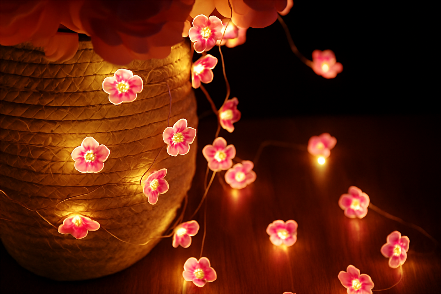 String lights shaped like flowers around a woven lantern on a dark background