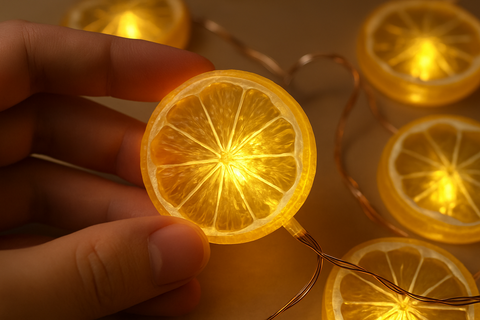 String lights shaped like lemon slices held by a hand against a warm background.