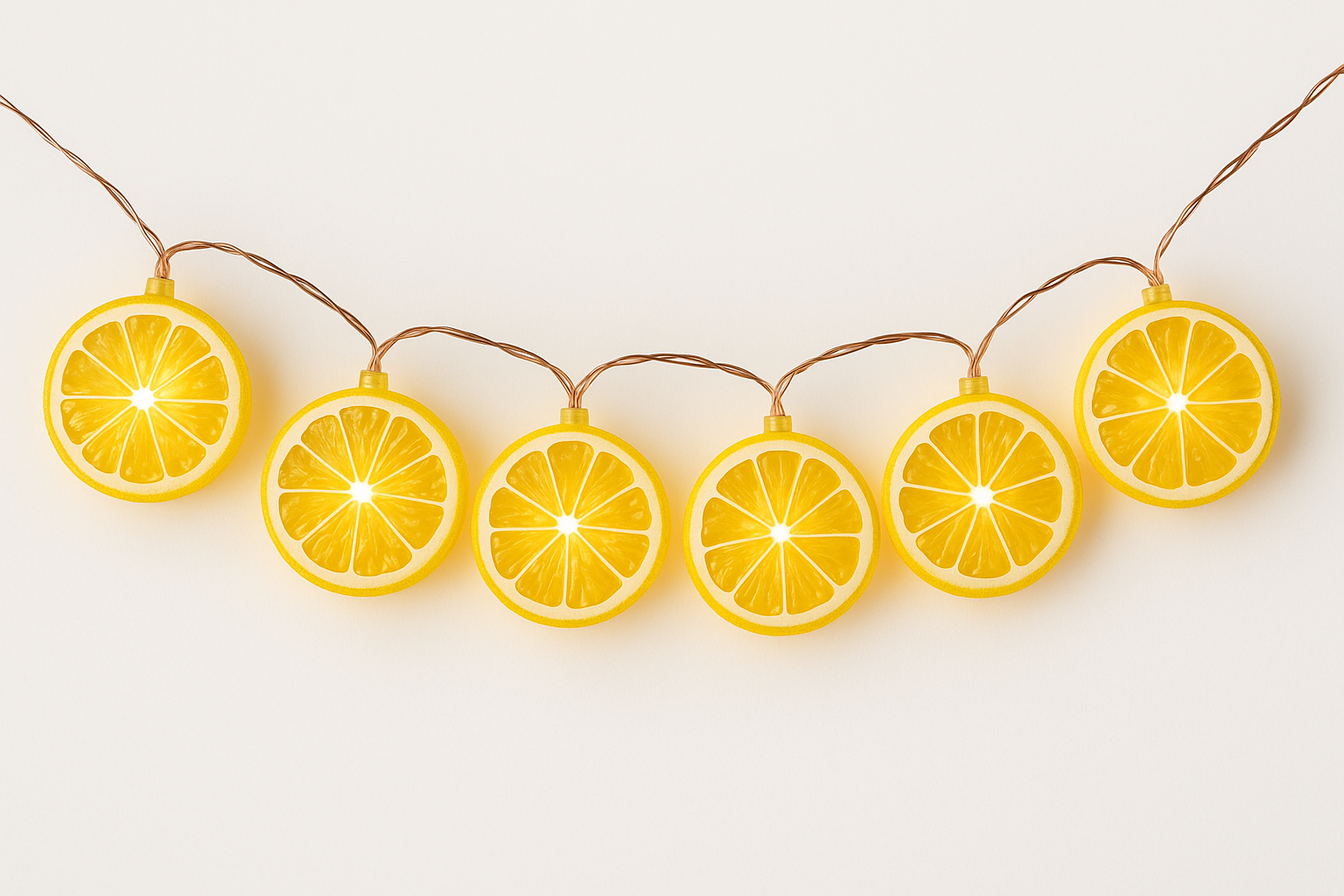 String lights shaped like lemon slices on a white background