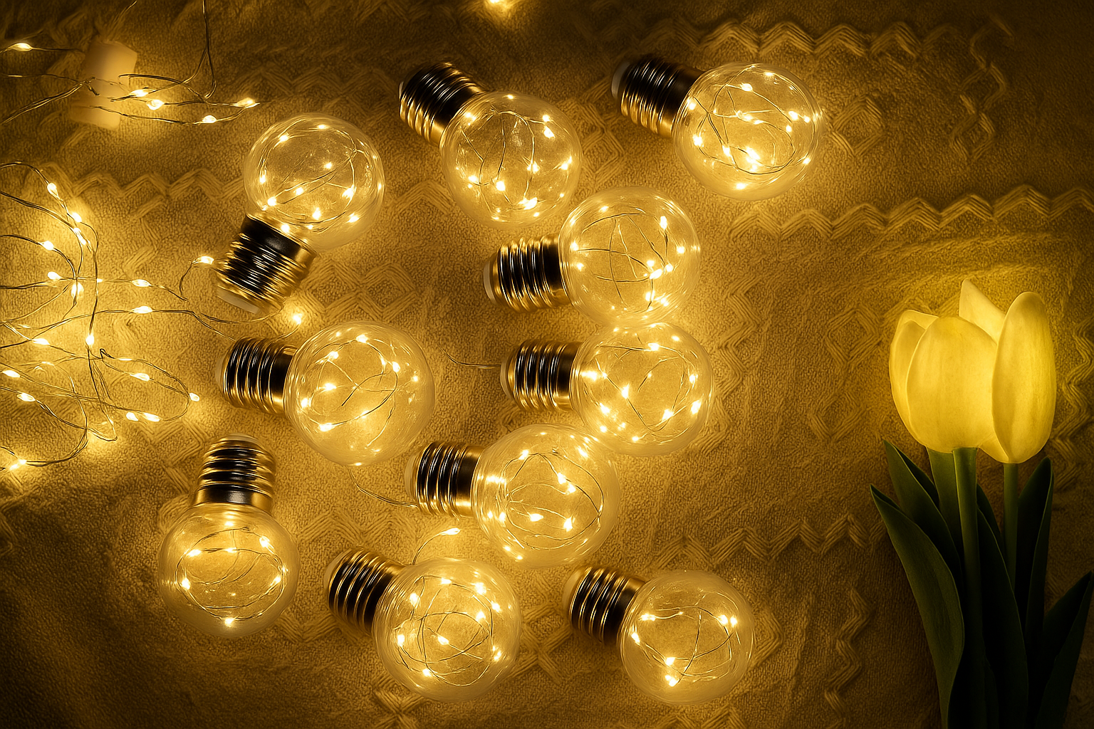String lights shaped like light bulbs on a textured surface with a yellow tulip.