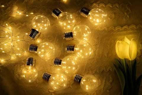 String lights shaped like light bulbs on a textured surface with a yellow tulip.