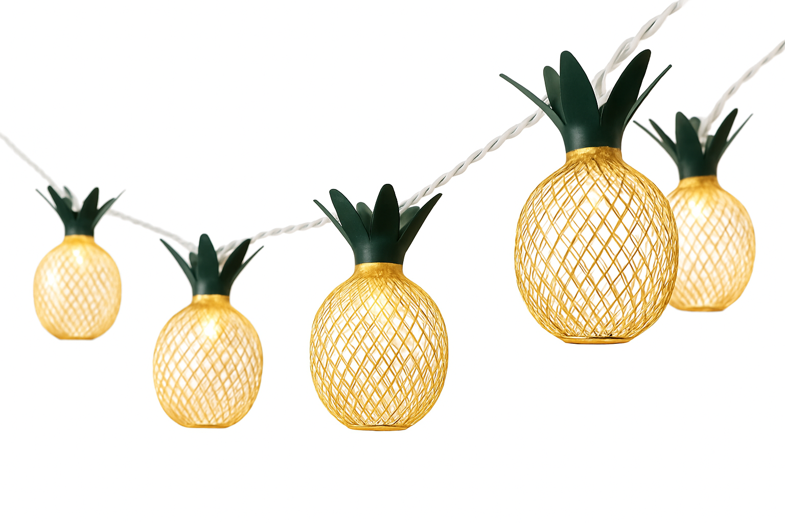 String lights shaped like pineapples on a white background