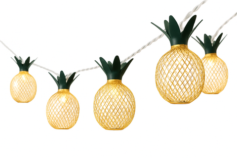 String lights shaped like pineapples on a white background