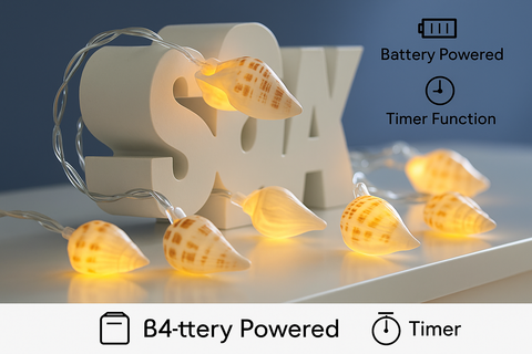 String lights shaped like seashells with battery and timer functions displayed.