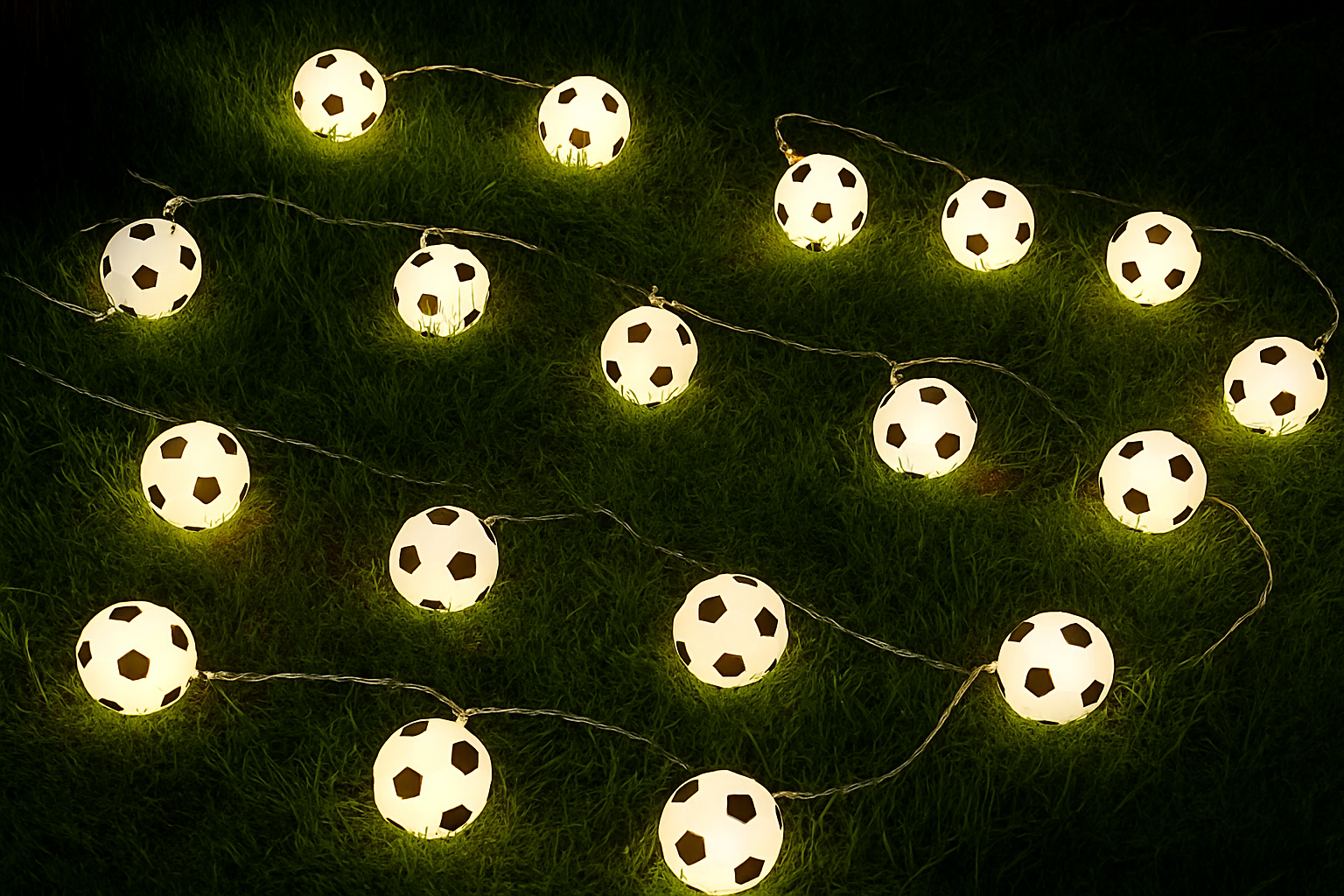 String lights shaped like soccer balls on a dark background