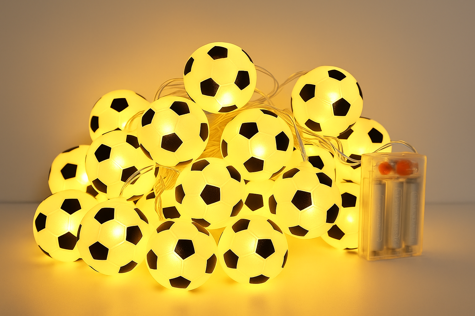 String lights shaped like soccer balls on a neutral background
