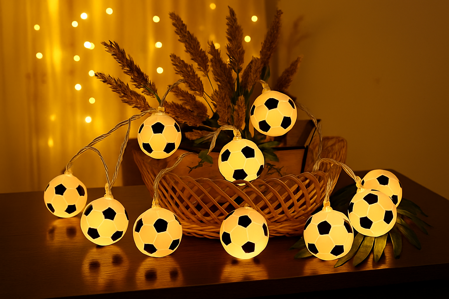 String lights shaped like soccer balls on a table with a basket and decorative plants in the background.