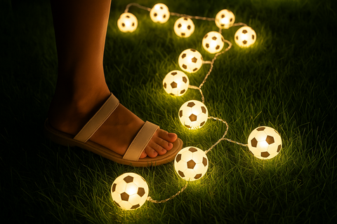 String lights shaped like soccer balls on grass with a sandal worn foot in the foreground