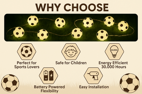String lights shaped like soccer balls with features listed below on a beige background