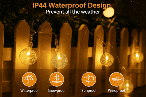 String lights with IP44 waterproof design on a wooden fence at night.