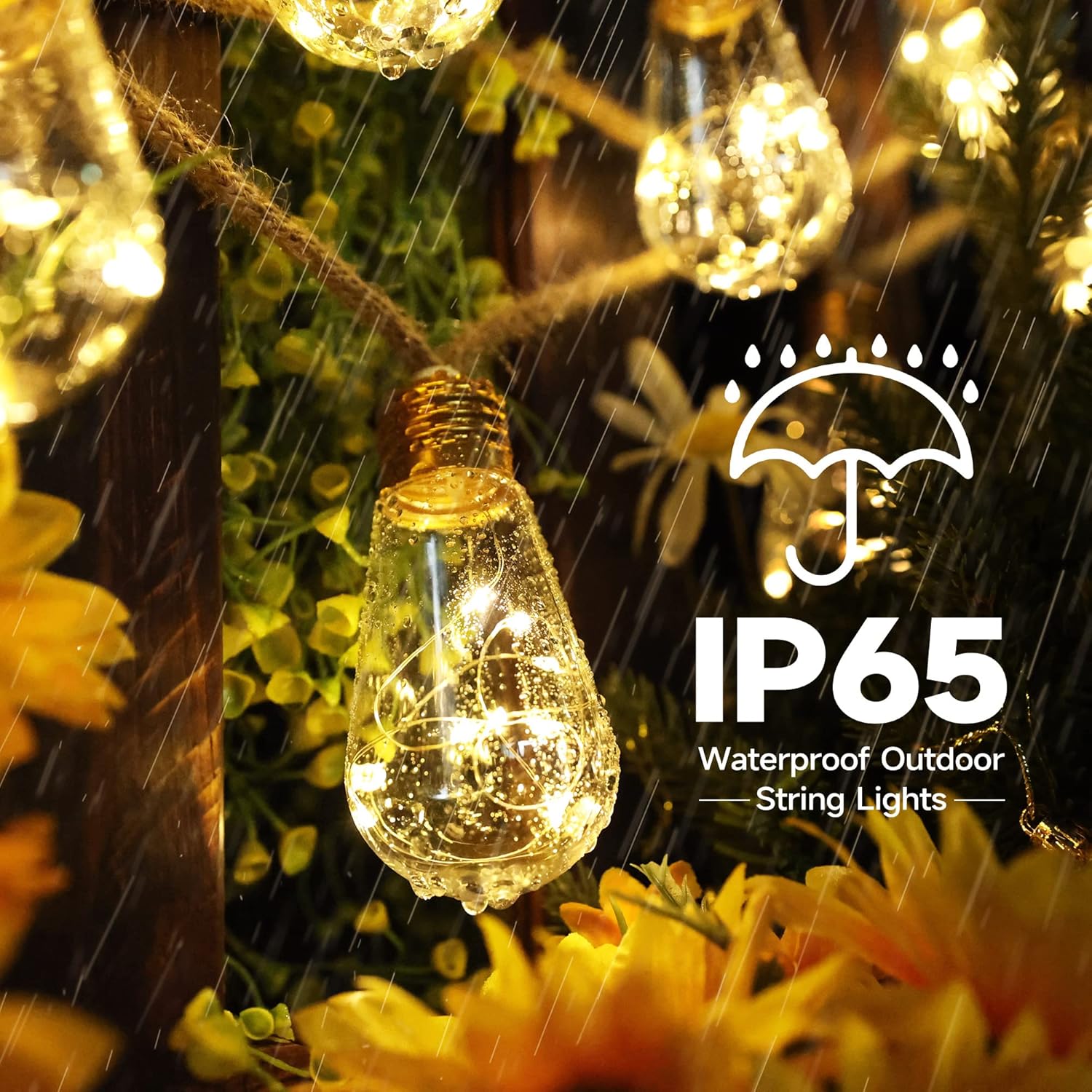 String lights with IP65 rating label on a floral background