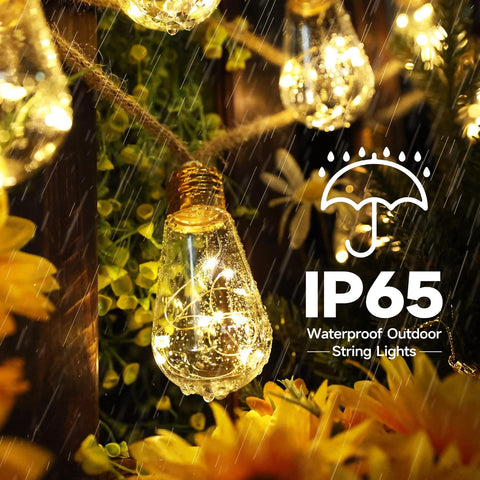 String lights with IP65 rating label on a floral background
