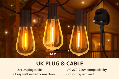 String lights with UK plug and cable on a blurred background