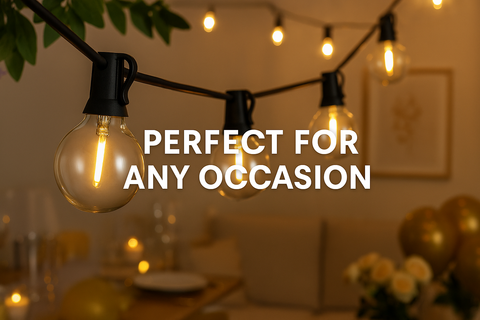 String lights with a cozy indoor setting and text 'Perfect for any occasion'.