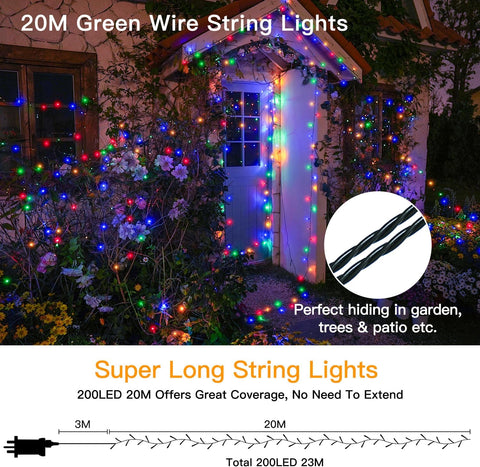 String lights with a diagram showing their length and hiding capabilities in a garden setting.