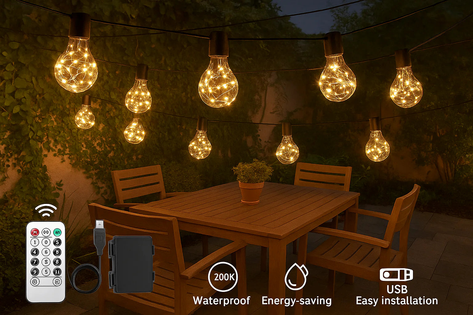 String lights with a remote control and power adapter on a patio table, surrounded by greenery.